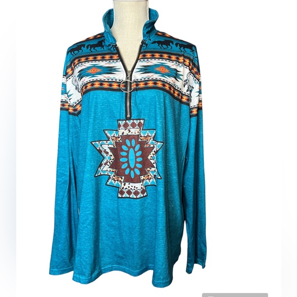 Tops - Tribal Print 1/2 Zip Long Sleeve Shirt